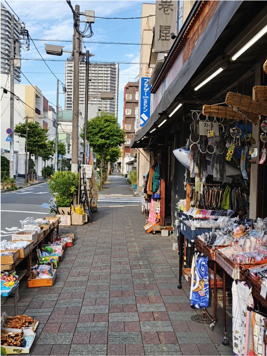 A shopping street in Kiyosumi-Shirakawa, with a high-rise building in the distance